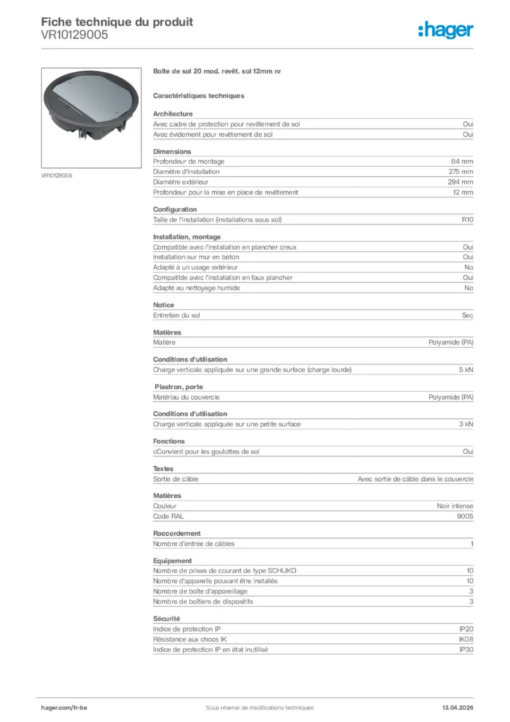 Image Hager Fiche technique du produit VR10129005 | Hager Belgique