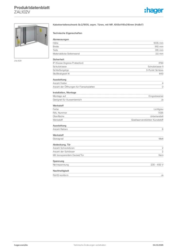 Hager Produktdatenblatt ZAL102V