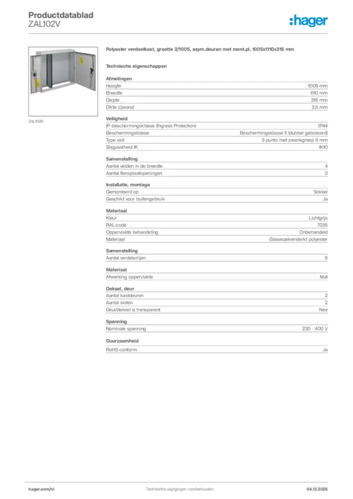 Afbeelding Hager Productdatablad ZAL102V | Hager Nederland