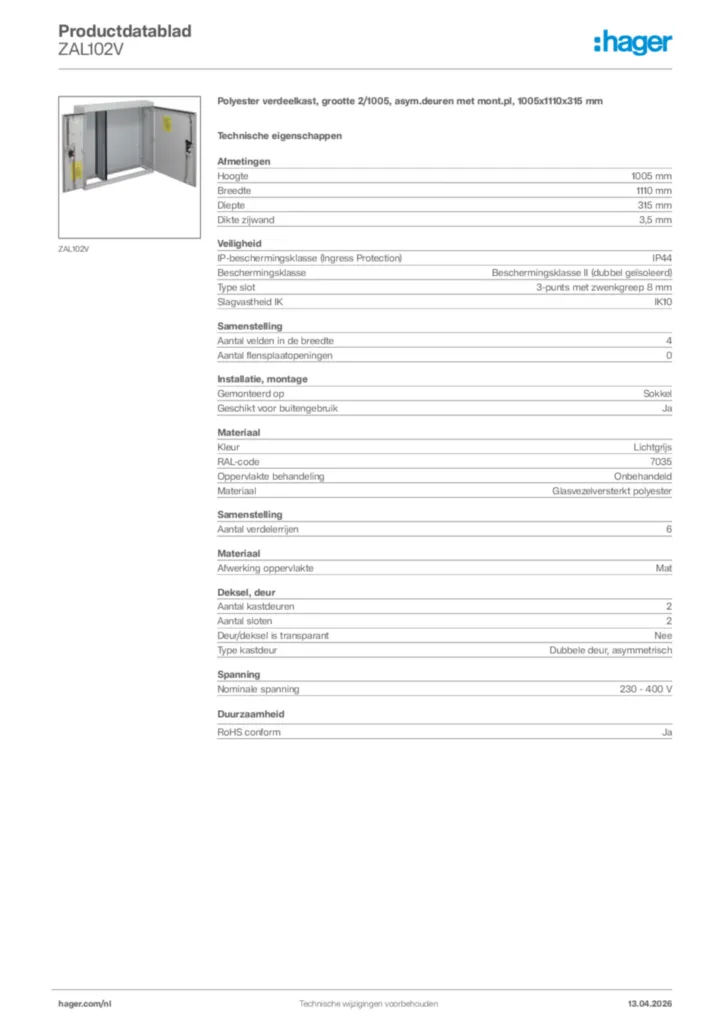 Afbeelding Hager Productdatablad ZAL102V | Hager Nederland