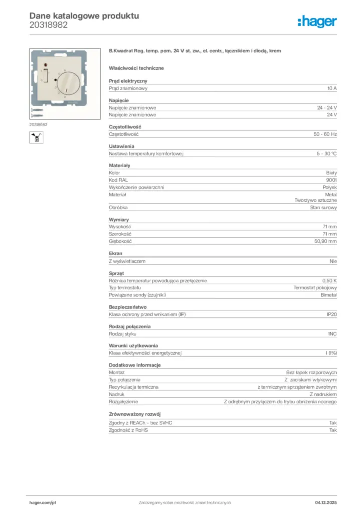 Zdjęcie Hager Karta katalogowa 20318982 | Hager Polska