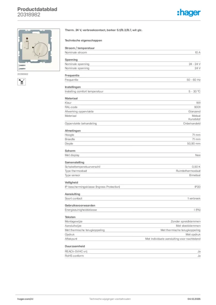 Afbeelding Hager Productdatablad 20318982 | Hager Nederland