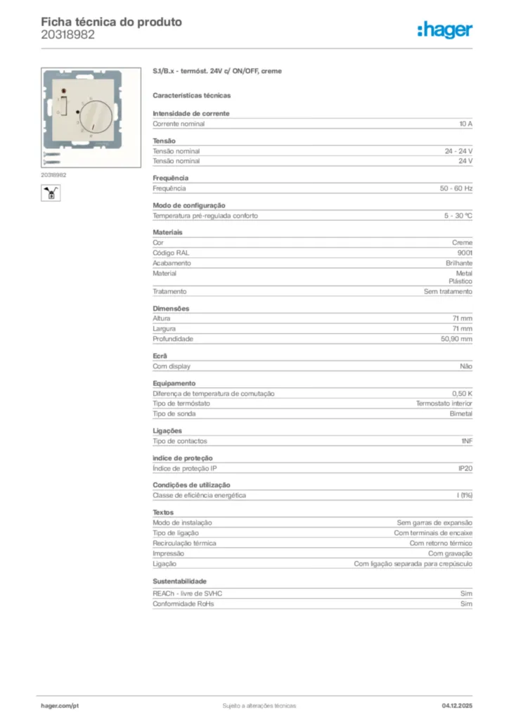 Imagem Hager Ficha técnica do produto 20318982 | Hager Portugal