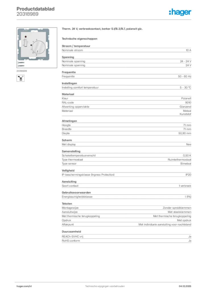 Afbeelding Hager Productdatablad 20318989 | Hager Nederland
