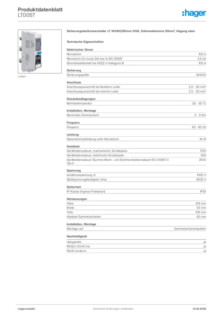 Bild Hager Produktdatenblatt LT0057 | Hager Deutschland