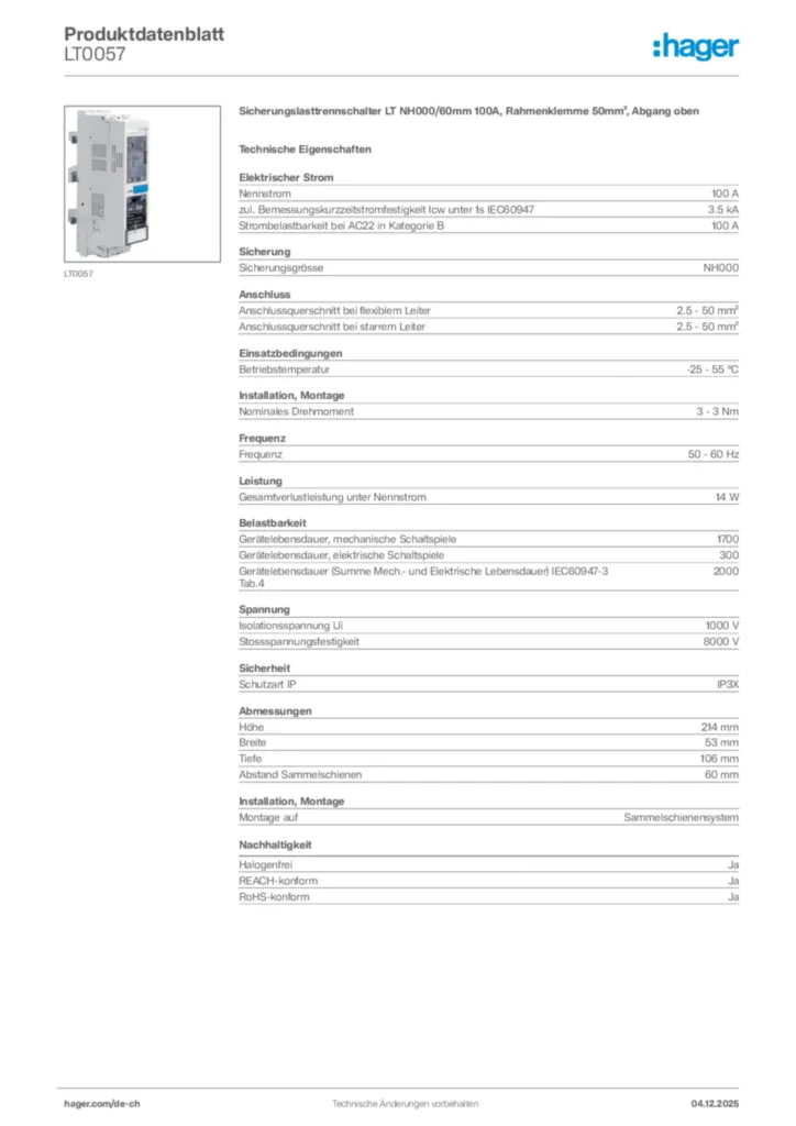 Bild Hager Produktdatenblatt LT0057 | Hager Schweiz
