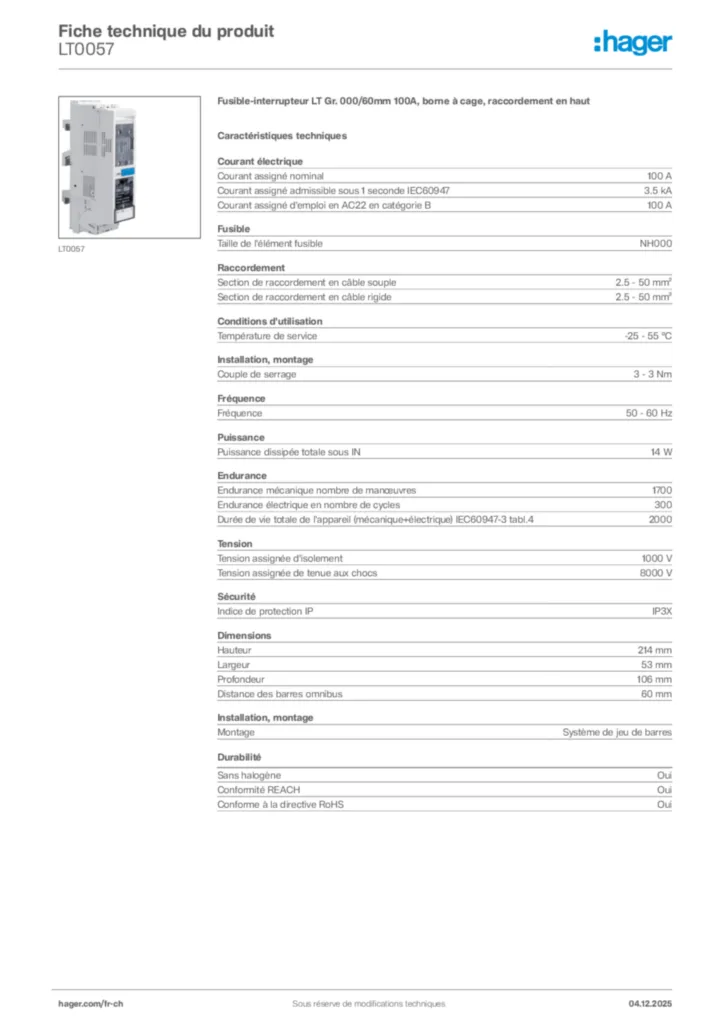 Image Hager Fiche technique du produit LT0057 | Hager Suisse