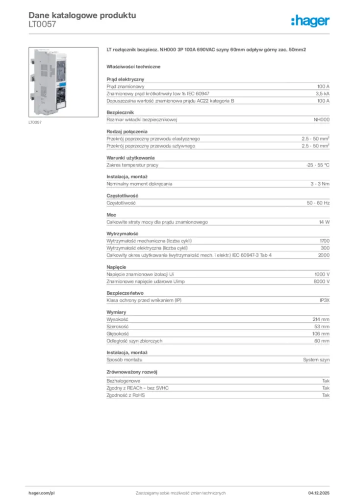 Zdjęcie Hager Dane katalogowe produktu LT0057 | Hager Polska