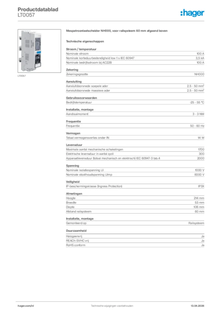 Afbeelding Hager Productdatablad LT0057 | Hager Nederland