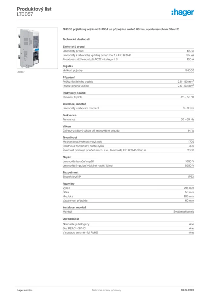 Obrázek Hager Product data sheet LT0057 | Hager