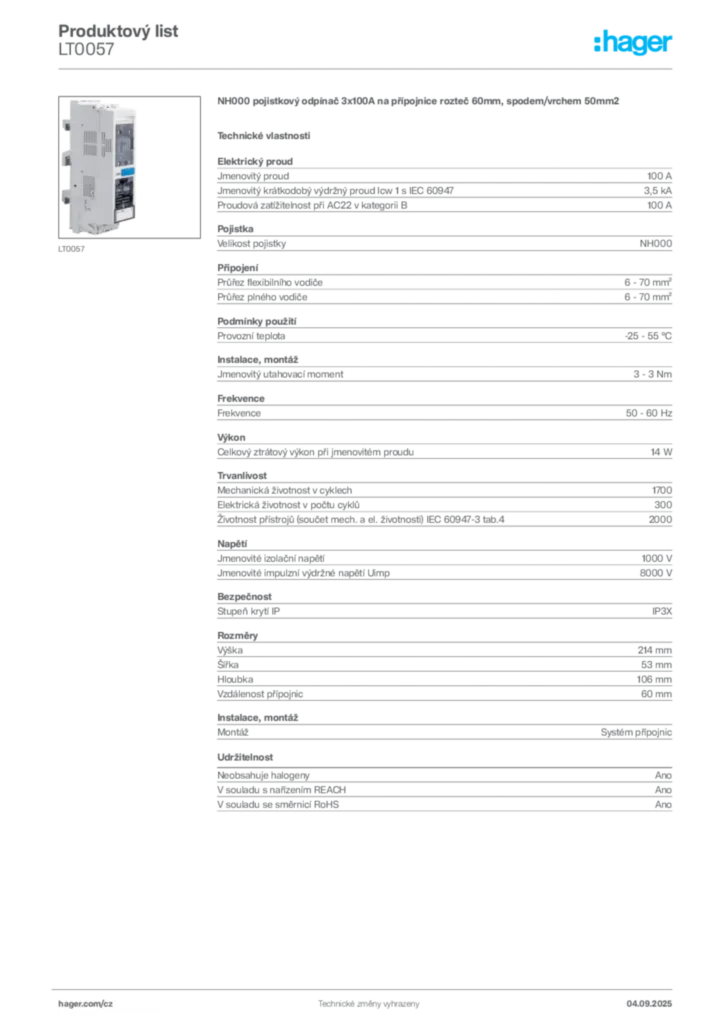Obrázek Hager Produktový list LT0057 | Hager