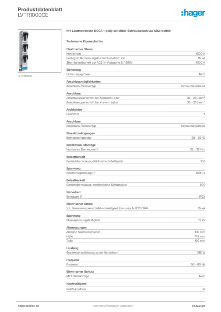 Bild Hager Produktdatenblatt LVTR1000CE | Hager Schweiz