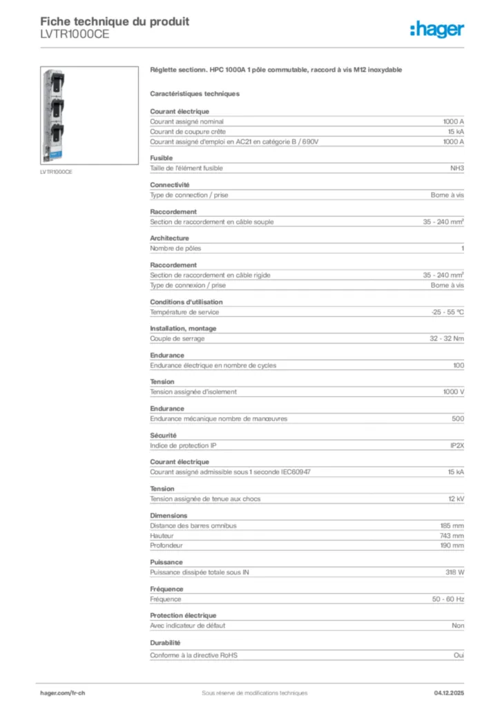 Image Hager Fiche technique du produit LVTR1000CE | Hager Suisse