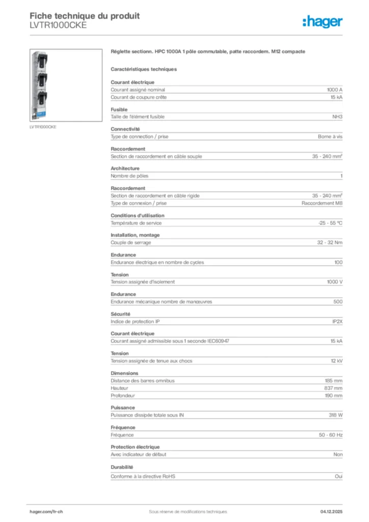 Image Hager Fiche technique du produit LVTR1000CKE | Hager Suisse