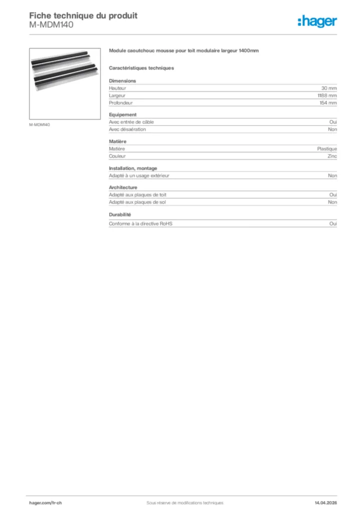 Image Hager Fiche technique du produit M-MDM140 | Hager Suisse