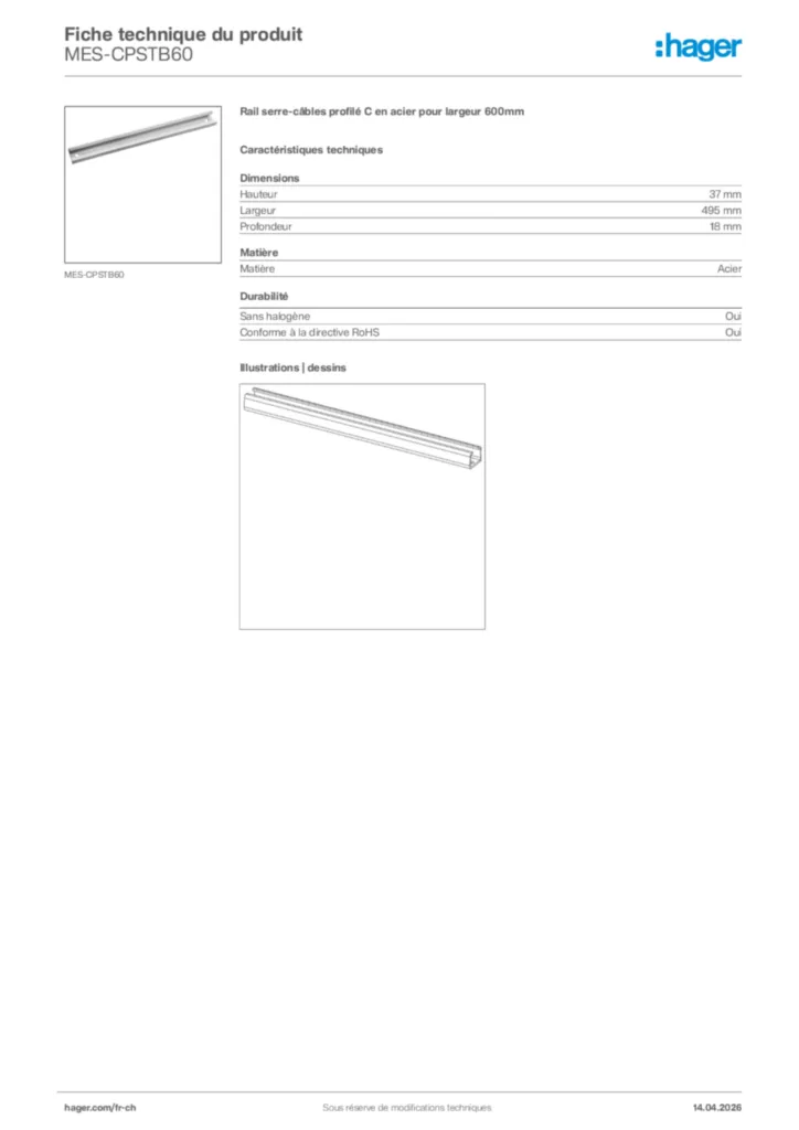 Image Hager Fiche technique du produit MES-CPSTB60 | Hager Suisse