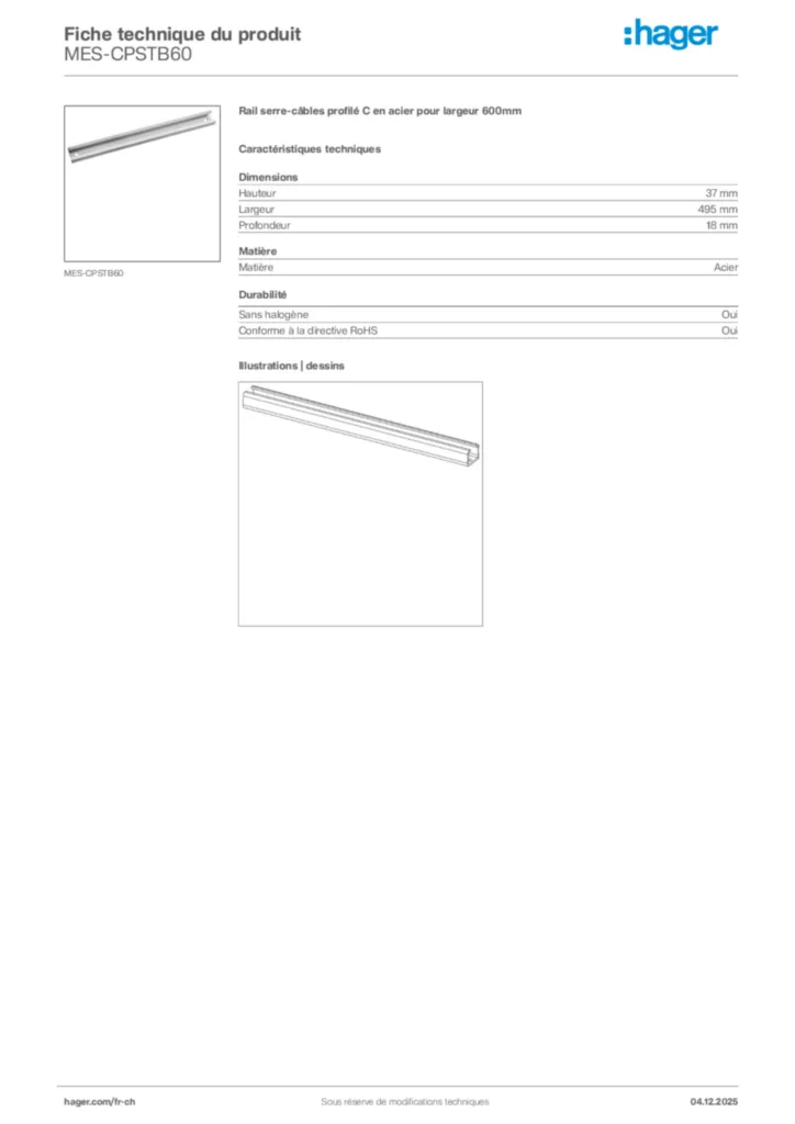 Image Hager Fiche technique du produit MES-CPSTB60 | Hager Suisse
