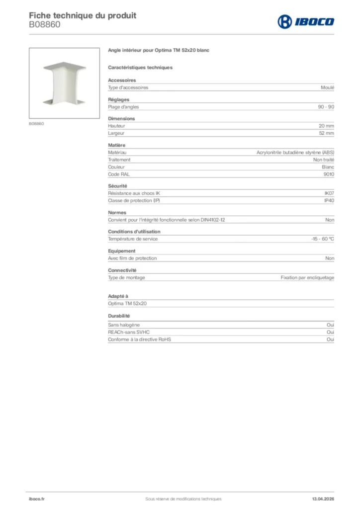 Image Iboco Fiche technique du produit B08860 | Hager France