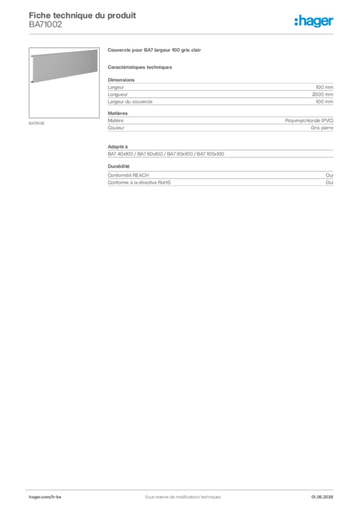 Image Hager Fiche technique du produit BA71002 | Hager Belgique