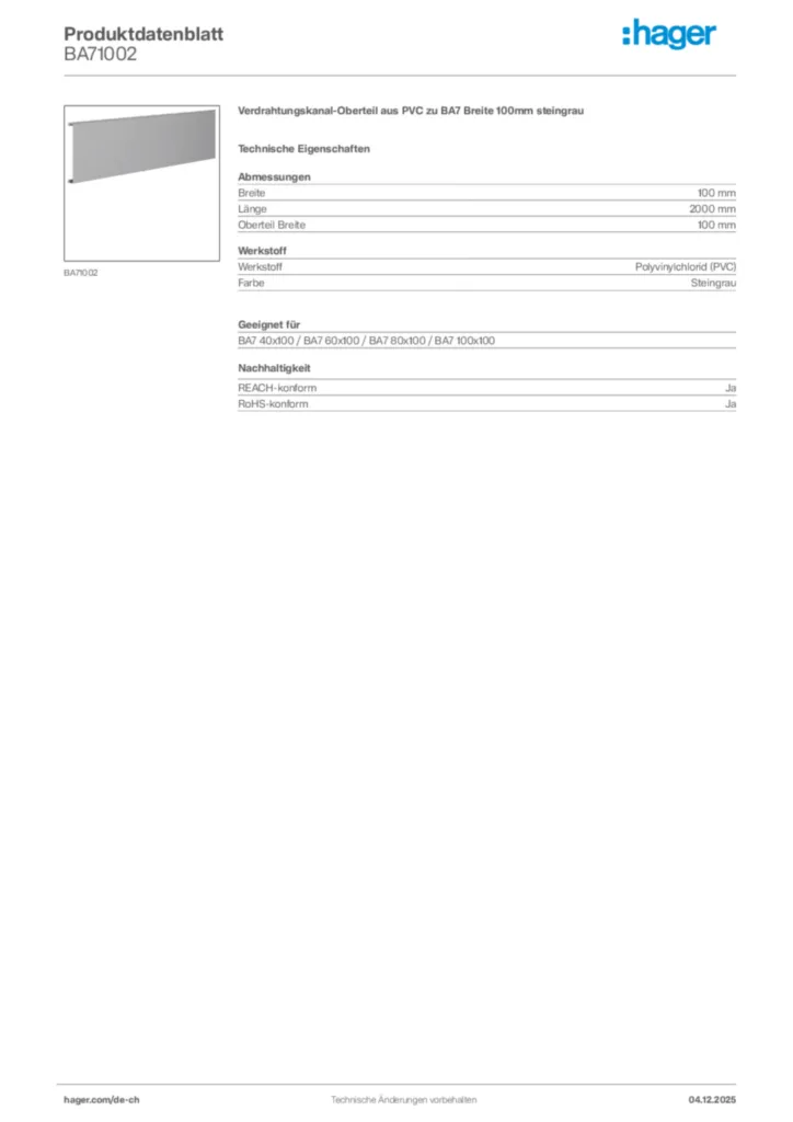 Bild Hager Produktdatenblatt BA71002 | Hager Schweiz