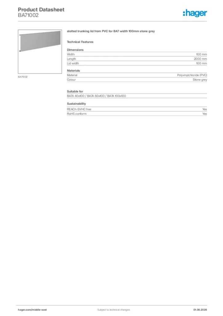 Image Hager Product data sheet BA71002  | Hager