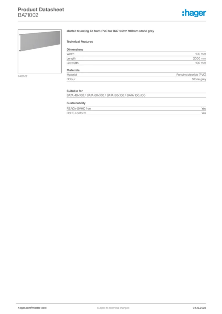 Image Hager Product data sheet BA71002  | Hager