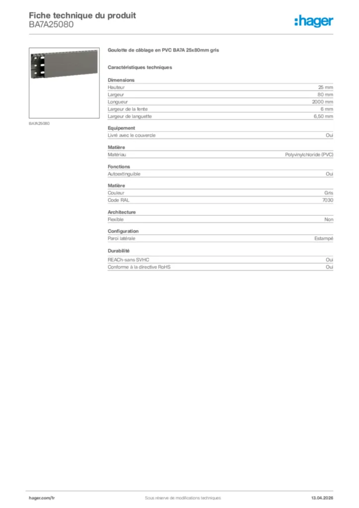 Image Hager Fiche technique du produit BA7A25080 | Hager France