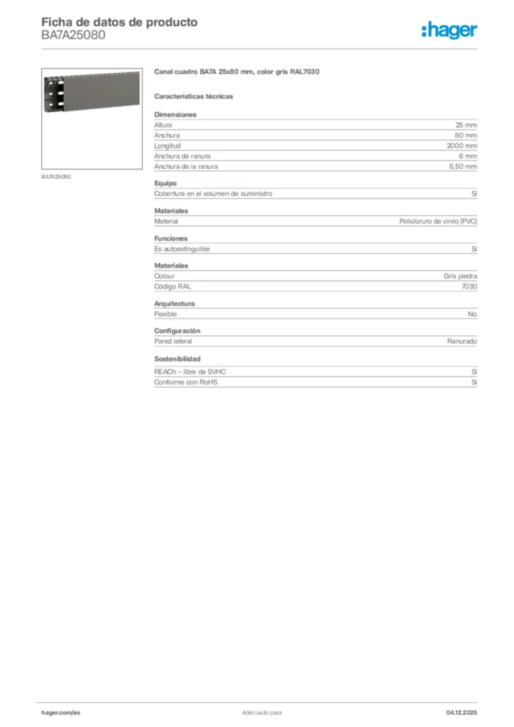 Imagen Hager Ficha de datos de producto BA7A25080 | Hager España