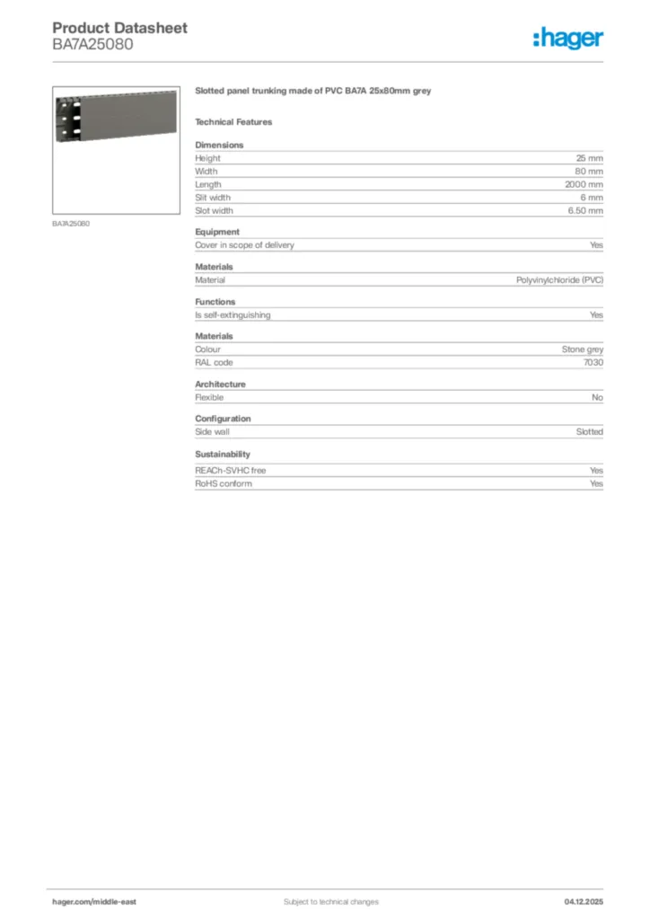 Image Hager Product data sheet BA7A25080  | Hager