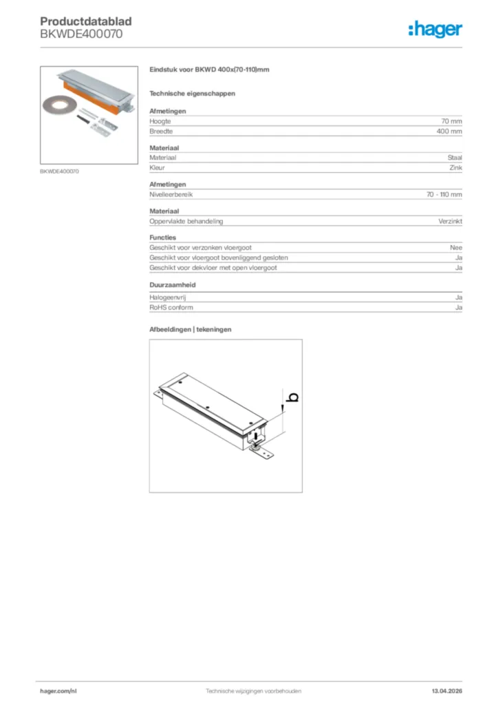 Afbeelding Hager Productdatablad BKWDE400070 | Hager Nederland