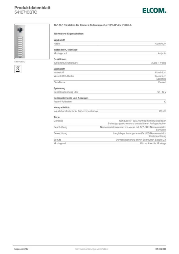 Bild Elcom Produktdatenblatt 5410710BTC | Hager Deutschland