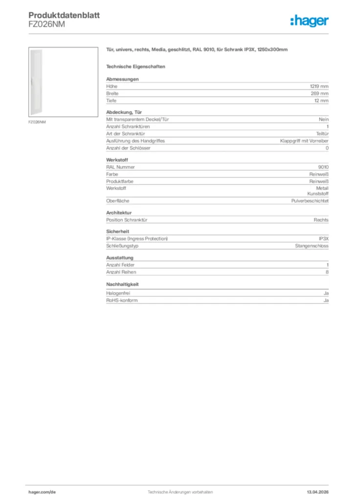 Bild Hager Produktdatenblatt FZ026NM | Hager Deutschland