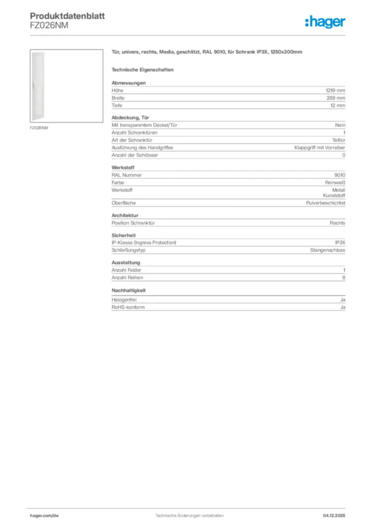Hager Produktdatenblatt FZ026NM