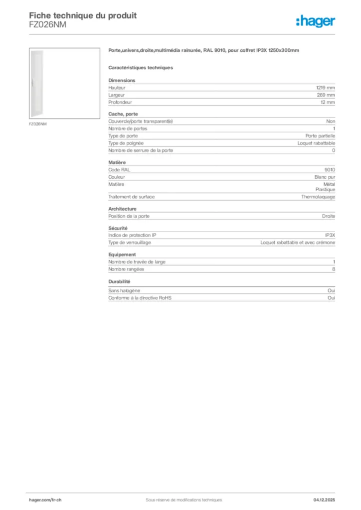 Image Hager Fiche technique du produit FZ026NM | Hager Suisse