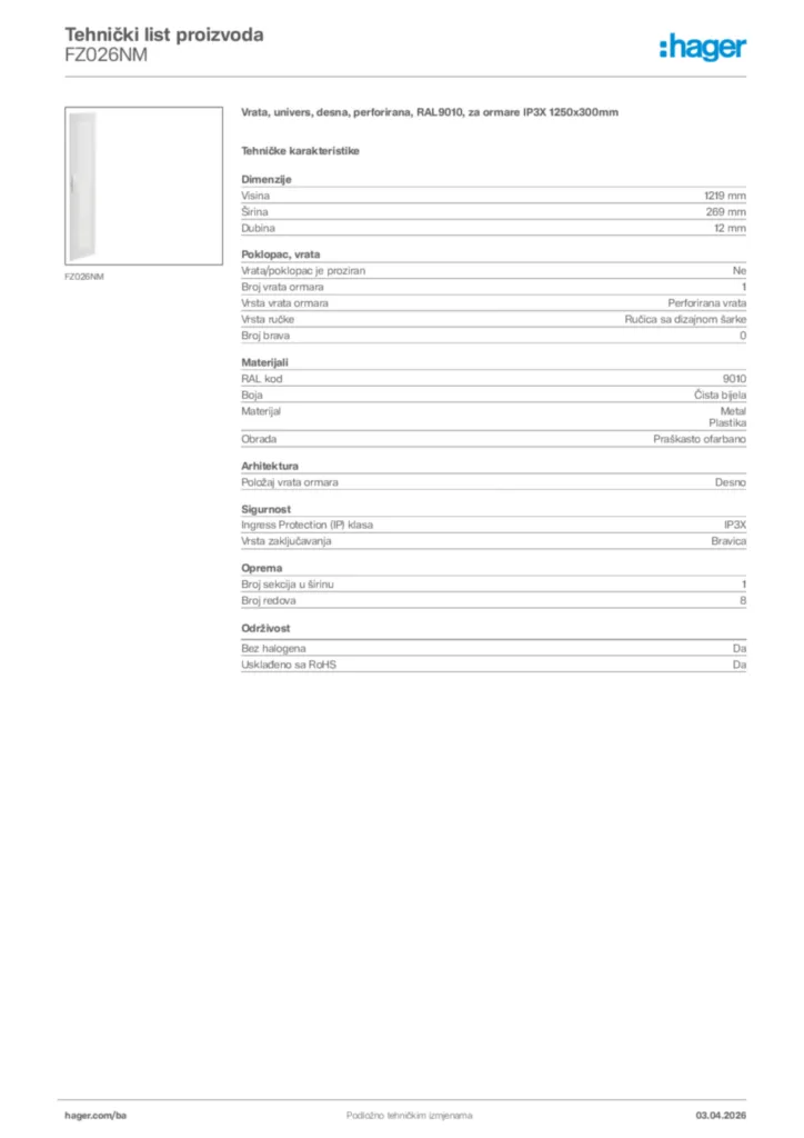 Slika Hager Tehnički list proizvoda FZ026NM  | Hager