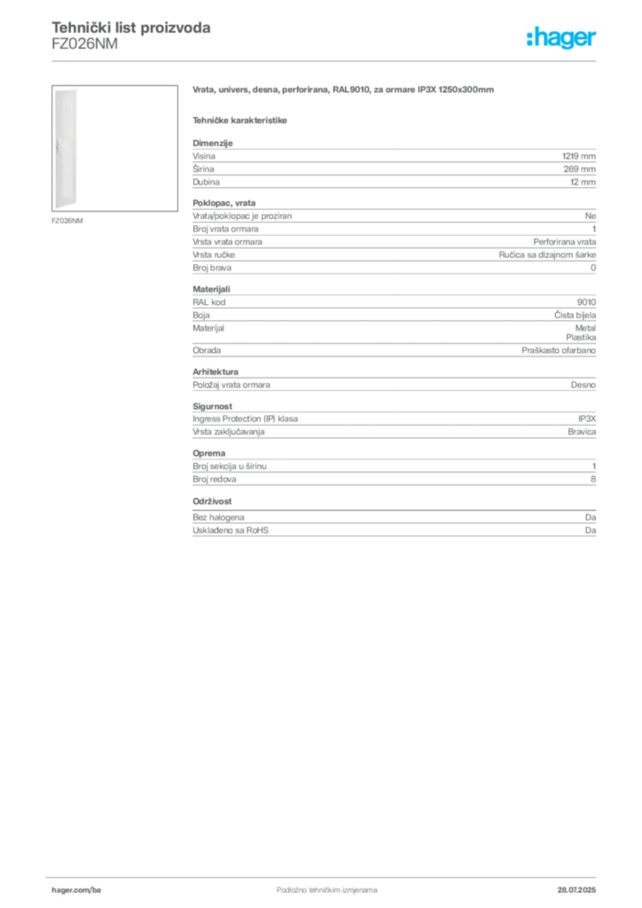 Slika Hager Product data sheet FZ026NM  | Hager