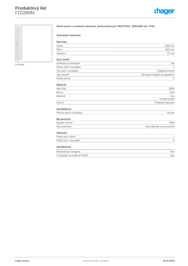 Obrázek Hager Product data sheet FZ026NM | Hager