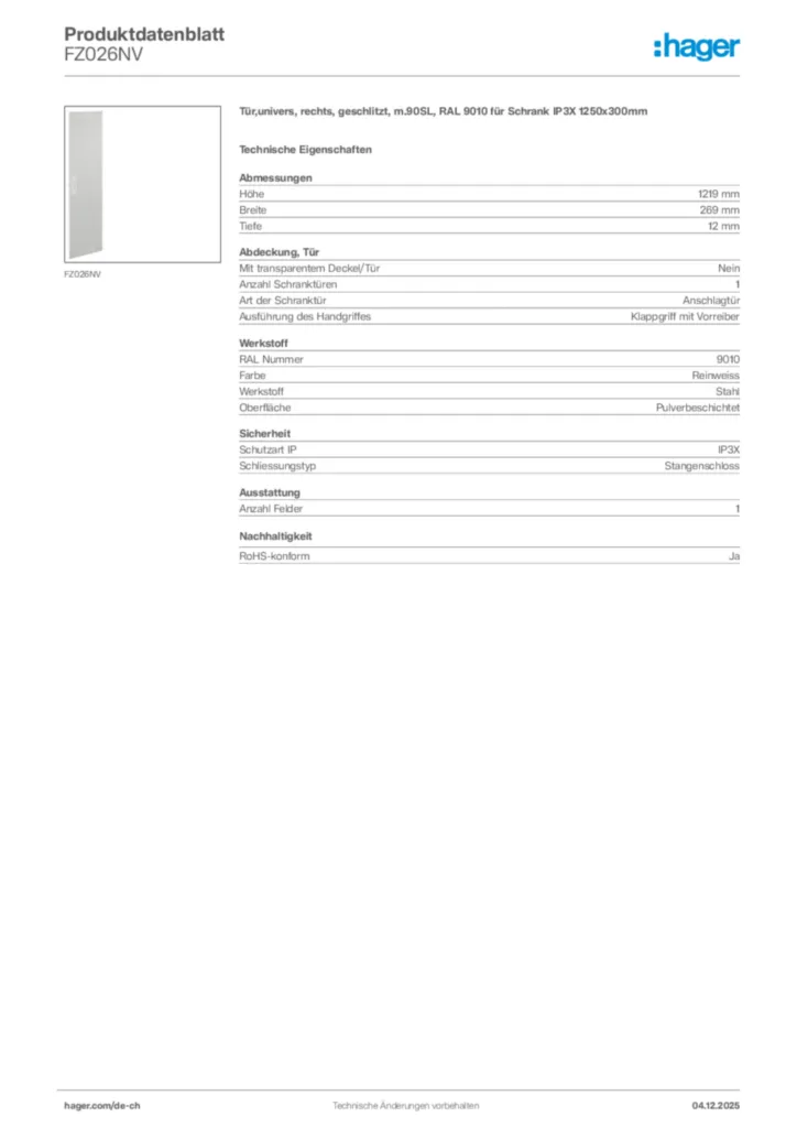 Bild Hager Produktdatenblatt FZ026NV | Hager Schweiz
