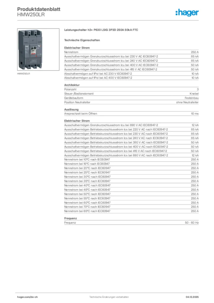 Bild Hager Produktdatenblatt HMW250LR | Hager Schweiz
