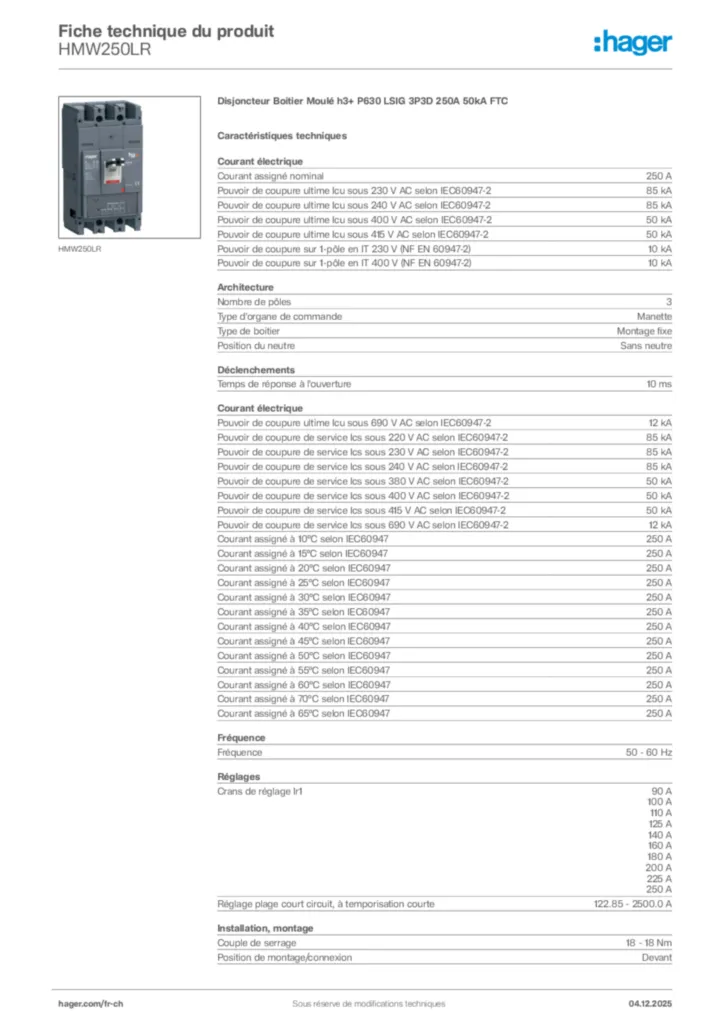 Image Hager Fiche technique du produit HMW250LR | Hager Suisse