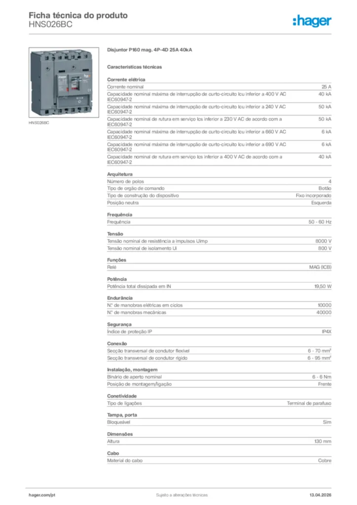 Imagem Hager Ficha técnica do produto HNS026BC | Hager Portugal