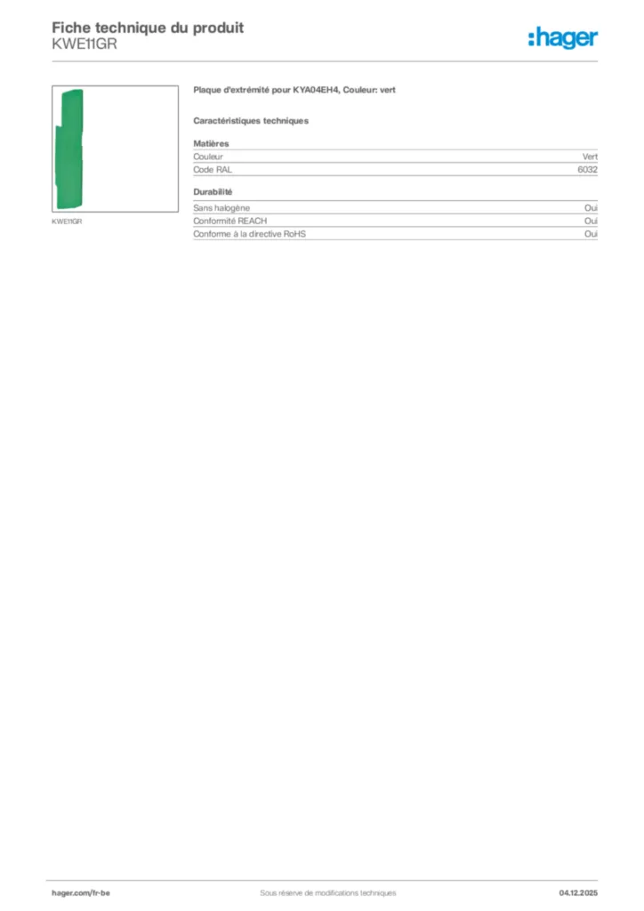 Image Hager Fiche technique du produit KWE11GR | Hager Belgique