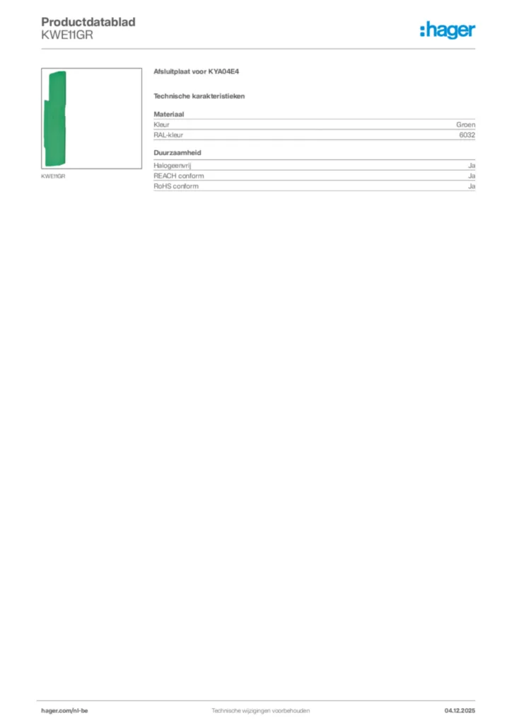 Afbeelding Hager Productdatablad KWE11GR | Hager Belgium