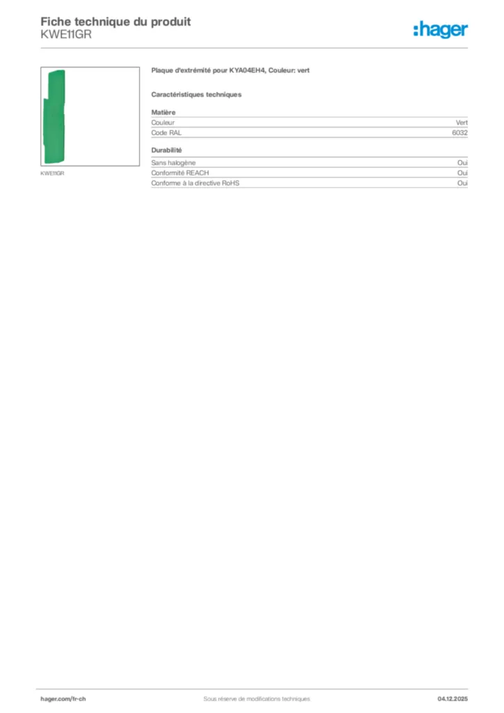 Image Hager Fiche technique du produit KWE11GR | Hager Suisse