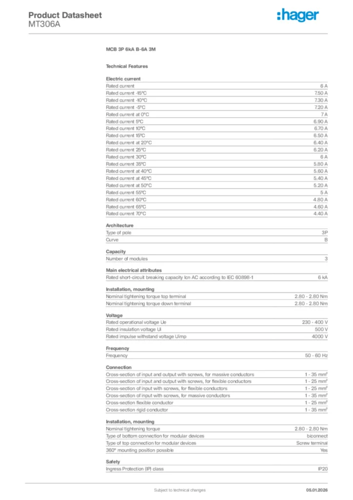 Image Hager Product data sheet MT306A  | Hager Africa