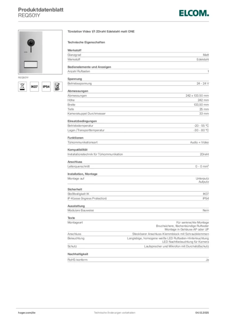 Bild Elcom Produktdatenblatt REQ501Y | Hager Deutschland