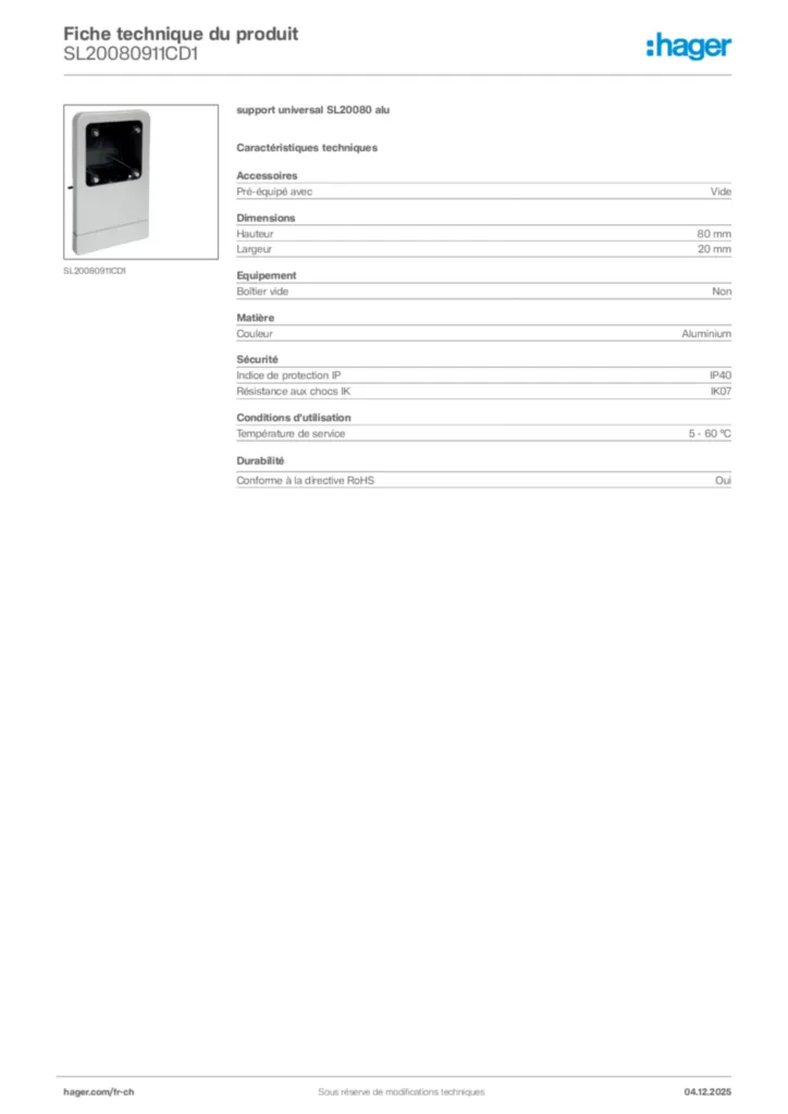 Image Hager Fiche technique du produit SL20080911CD1 | Hager Suisse
