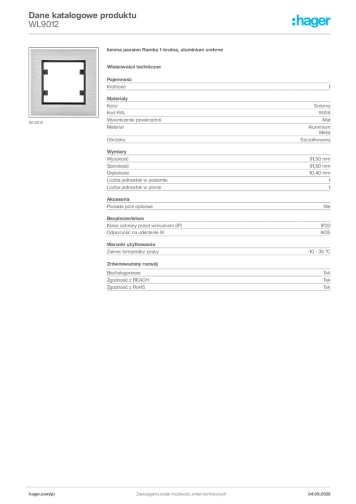 Zdjęcie Hager Dane katalogowe produktu WL9012 | Hager Polska