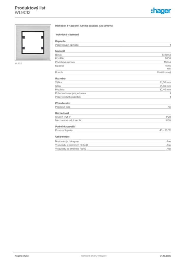 Obrázek Hager Produktový list WL9012 | Hager