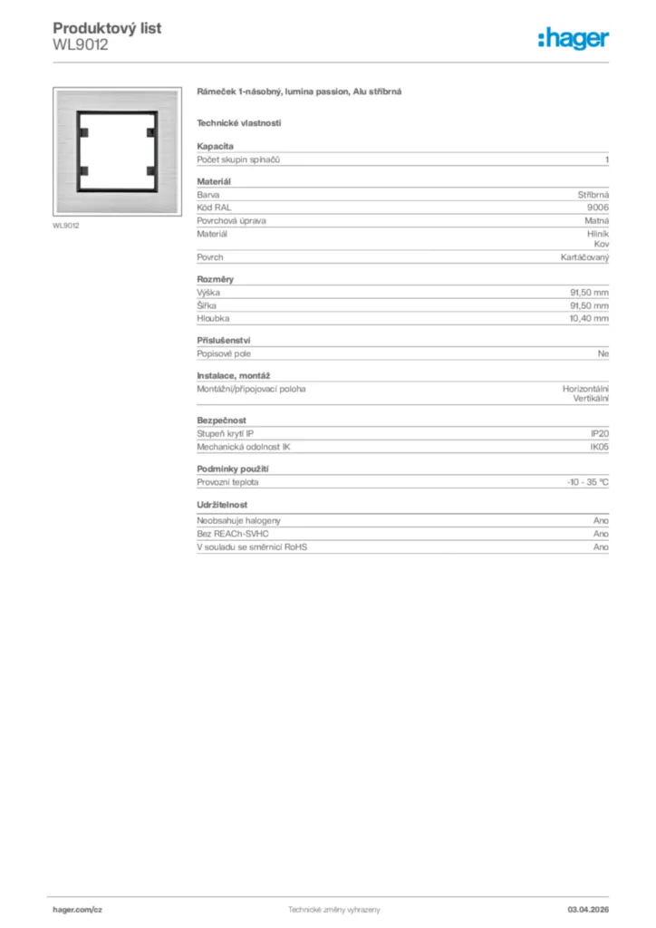 Obrázek Hager Product data sheet WL9012 | Hager